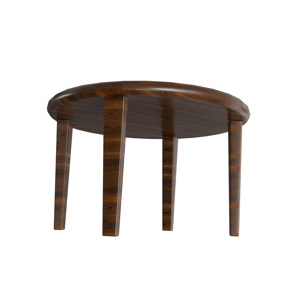 3D image of dark oak round bold table with 4 sharp legs and rounded edges