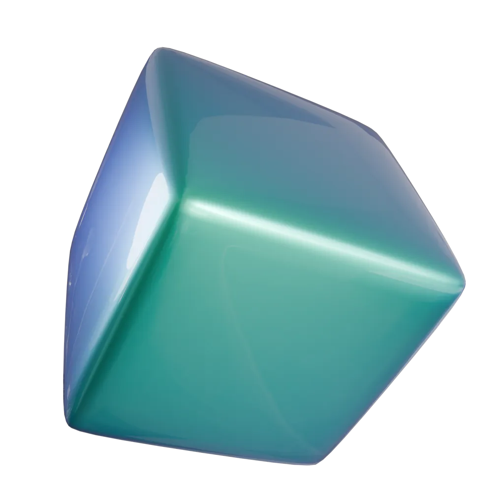 3D image of green cube with rounded edges, glare and reflection of light