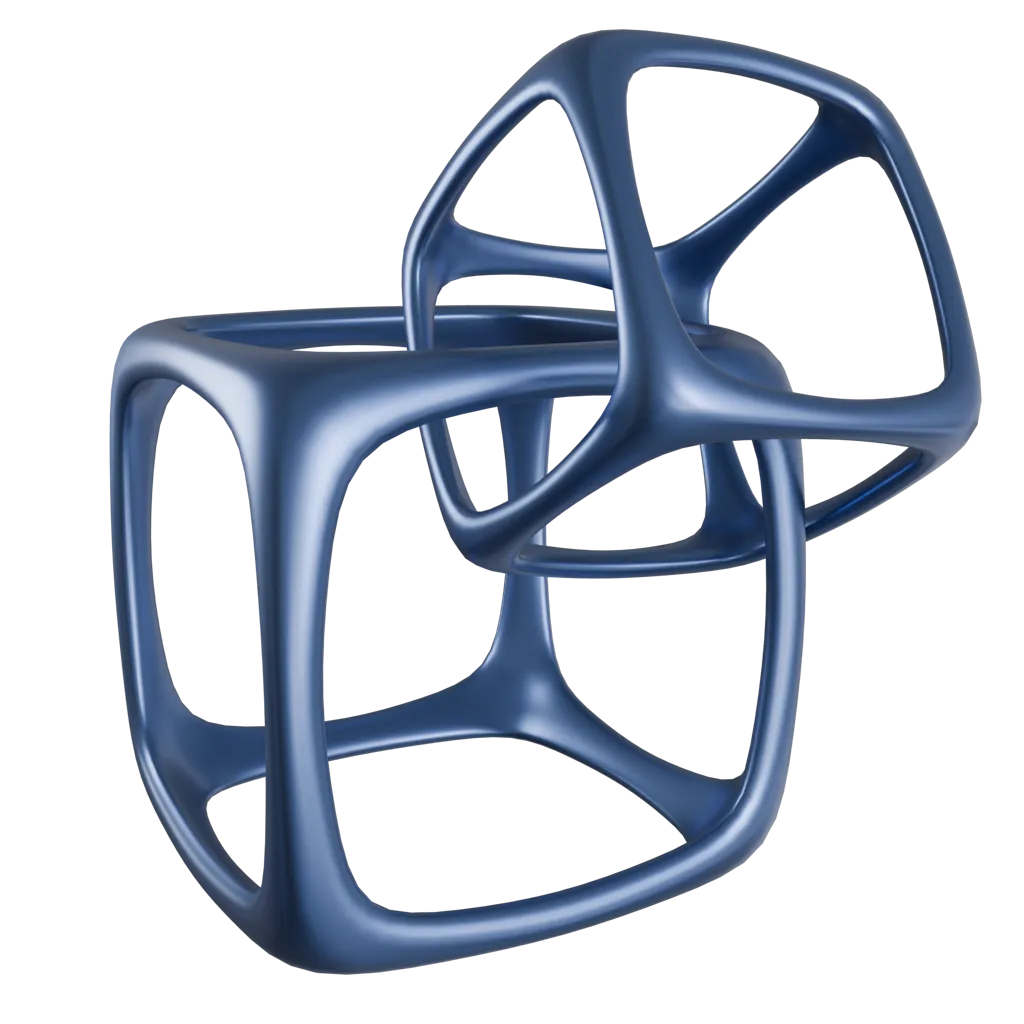 3D image of two matte deep blue intersected cubes with rounded edges empty inside